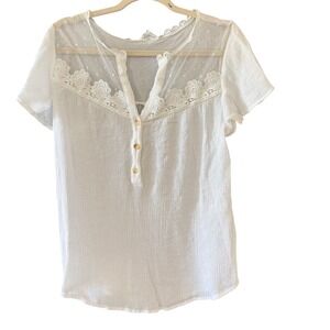 Perch by Blu Pepper White Lace Swiss Dot Gauze Henley Blouse XL Peasant Cottage